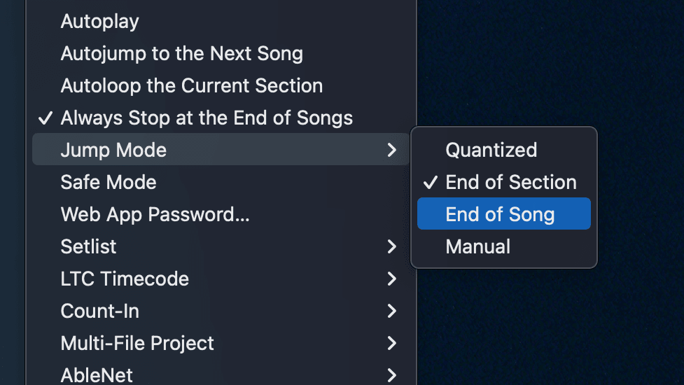 AbleSet's settings menu showing all four jump modes