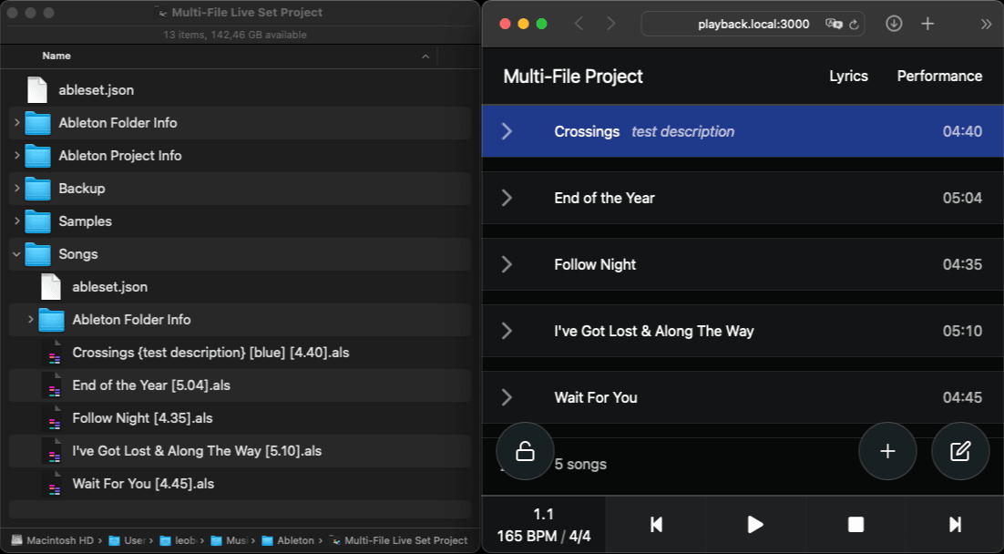 Finder showing a multi-file project next to AbleSet's list view